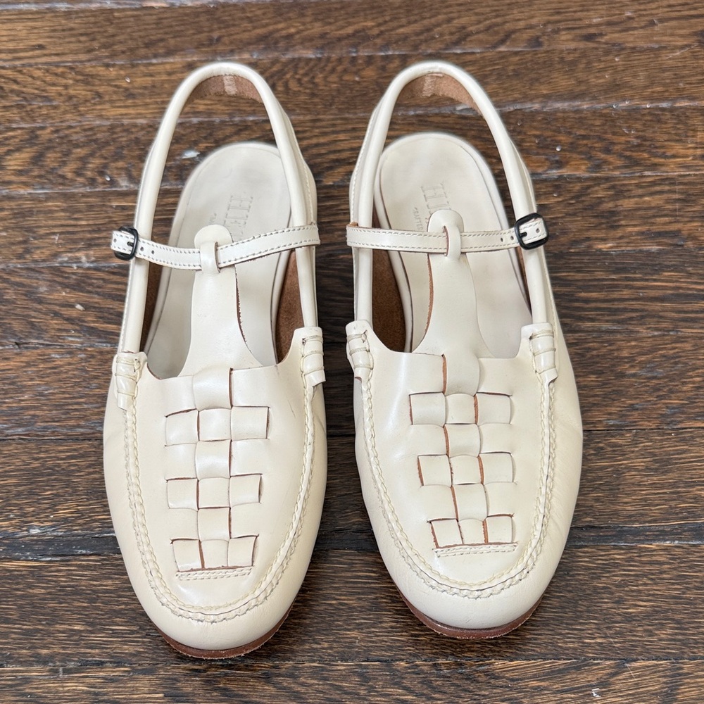 Hereu Leather Woven Slingback Flats in Cream, size 40